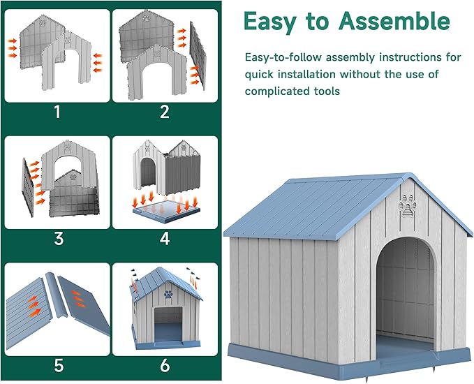 DRATO Indoor Outdoor Waterproof Dog House,PP Material,Puppy Shelter with Air Vents and Elevated Floor,Sturdy Dog Kennel for Small to Large Sized Dogs, Easy to Assemble (Blue, 38.62×36.26×38.07 Inches)-PurrikoPets