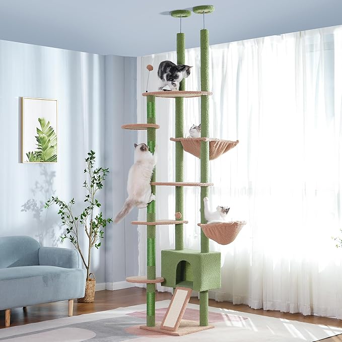 Floor to Ceiling Cat Tree Tall Cat Tower with Adjustable Height (81.8-108 Inches) with Fully Scratching Post Private Condo and Hammock for Indoor Cats (Green, Triple Dule Posts)-PurrikoPets