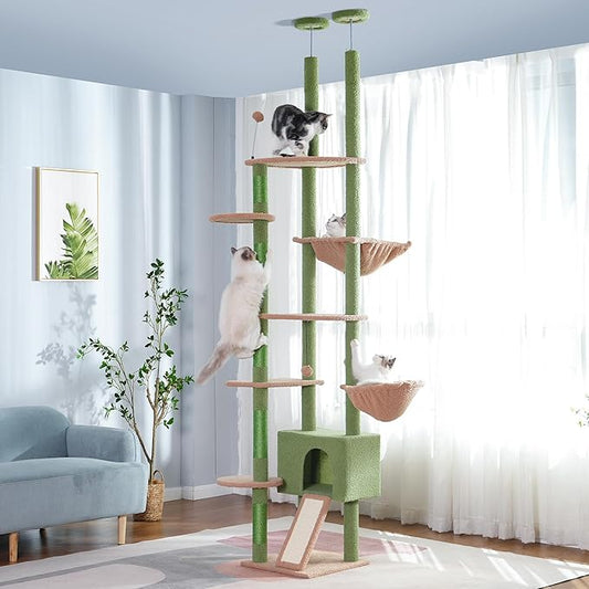 Floor to Ceiling Cat Tree Tall Cat Tower with Adjustable Height (81.8-108 Inches) with Fully Scratching Post Private Condo and Hammock for Indoor Cats (Green, Triple Dule Posts)-PurrikoPets