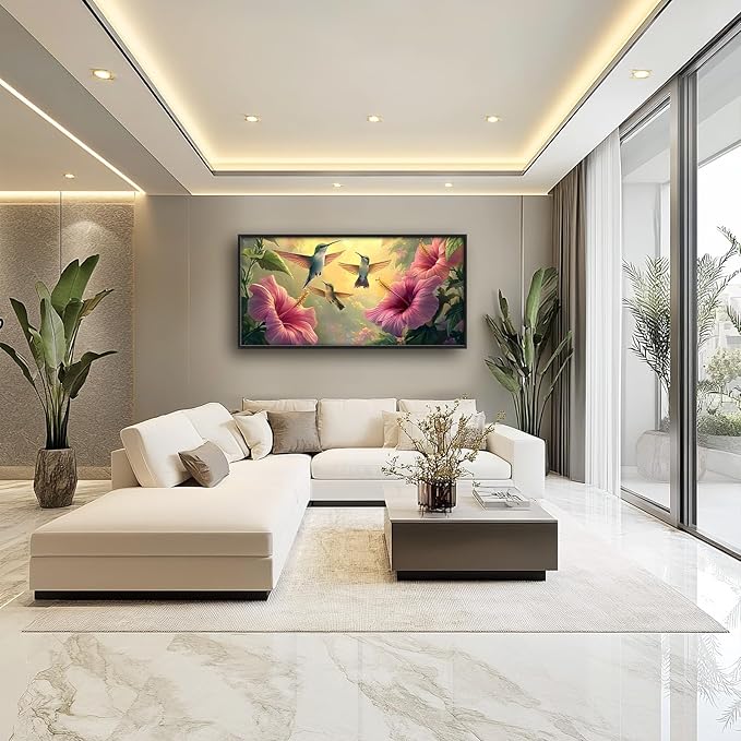 Framed Large Hummingbird Wall Art for Living Room, Oversized Rustic Bird Flower Wall Decor Floral Canvas Painting Nature Sunrise Pictures Modern Artwork for Bedroom Office Dinging Room 60"x30"-PurrikoPets