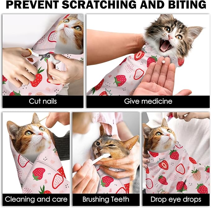 27.6" Cat Grooming Wrap, Self Adhesive Cat Wrap for Cutting Nails, Anti-Escape Calming Cat Swaddle Wrap for Medicine Ear Cleaning, Strawberry Anti-Scratch Cats Burrito Restraint Blanket, Pet Tool-PurrikoPets