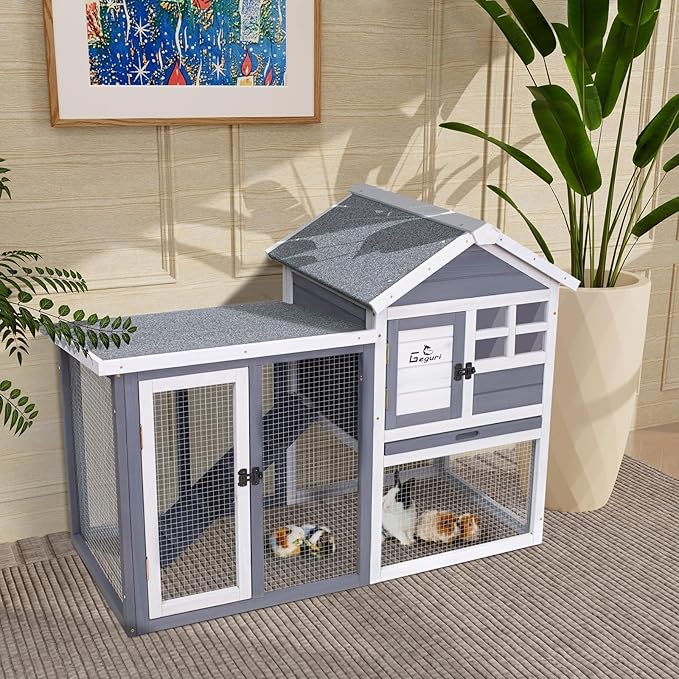 GEGURI Large Rabbit Hutch Indoor Outdoor Chicken Coop Wooden Bunny Cage with Waterproof Roof (48''L x 24''W x 36''H Grey)-PurrikoPets