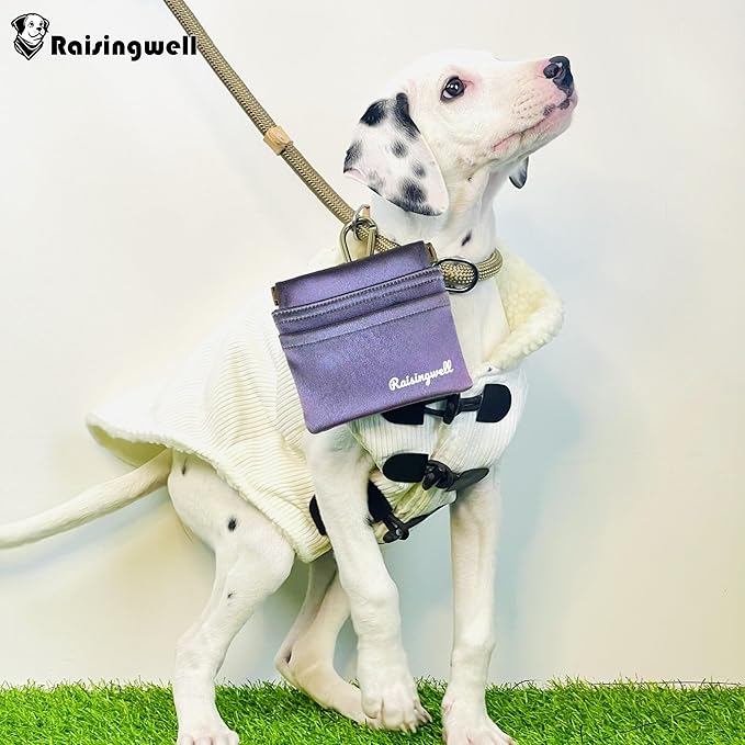 Dog Treat Pouch, Pocket Sized Pet Training Pouch, Hand Free Purple Dog Walking Bag with Carabiner, Self-Closing Pet Feed Snack Reward, for Puppy Travel or Outdoor Use, NanoPTC-PurrikoPets