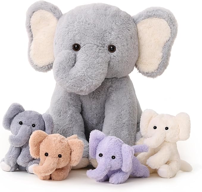 5 Pieces Elephant Stuffed Animals for Girls, 1 Mommy Elephant with 4 Babies Soft Plush Set Toys Gifts for Kids Children 3 4 5 6 7 8 9 Years, Christmas, Birthday, Children's Day-PurrikoPets