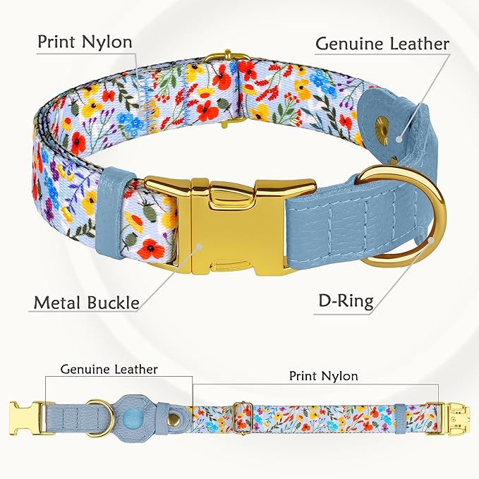 AirTag Dog Collar for Small Medium Large Breed - Adjustable Cute Pattern Dog Collar with Airtag Holder and Metal Buckle - Soft Leather Tracker GPS Apple Air Tag Pet Collars for Puppy Girl Boy Female-PurrikoPets