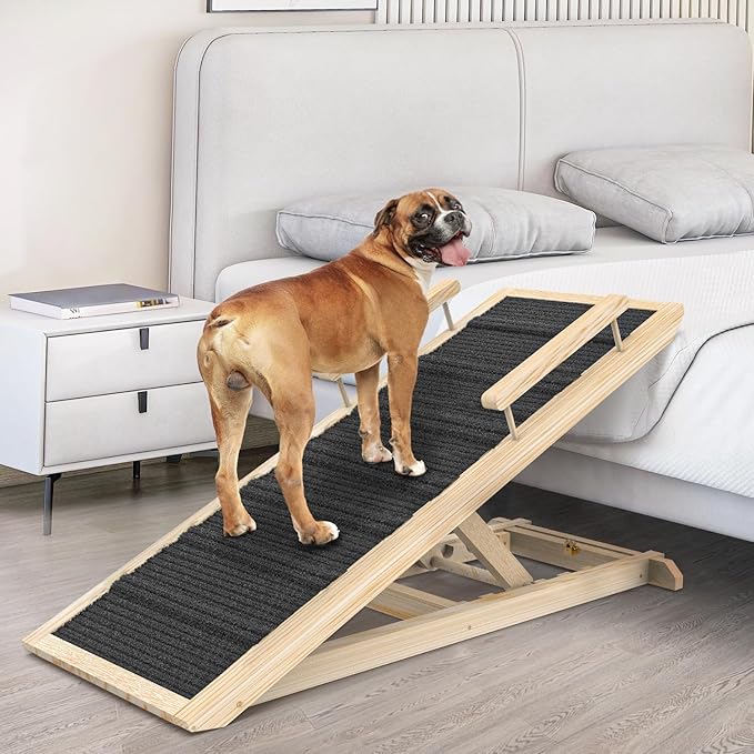 Dog Ramp for Couch, Bed or Car, Wooden 44" Long Pet Stairs for Small & Large Old Dogs & Cats, Hold up to 200lb, 5 Adjustable Height from 14.96" to 22", Portable Doggie Steps, Excellent Traction-PurrikoPets