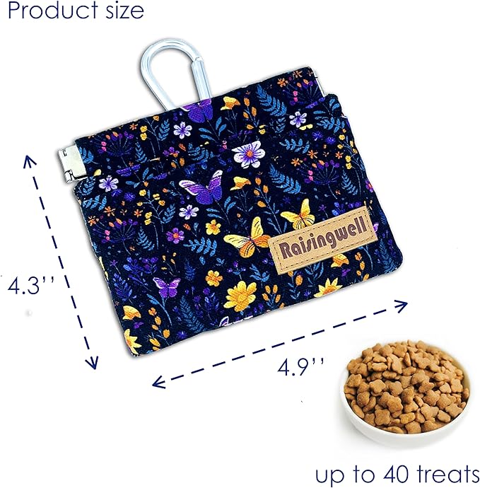 Dog Treat Pouch, Pocket Sized Pet Training Pouch, Cotton Fabric, Hand Free Purple Flower Dog Walking Bag with Carabiner, Self-Closing Pet Feed Snack Reward, for Puppy Travel or Outdoor Use-PurrikoPets