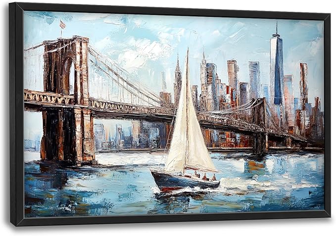 Extra Large Sailboat Framed Wall Art for Living Room,Oversized New York Brooklyn Bridge Pictures Wall Decor,Cityscape Canvas Print Painting Modern Artwork Bedroom Office Bathroom 36L" x 24W"-PurrikoPets