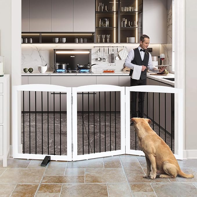 Freestanding Panel Dog Gate for Indoor Doorways, Stairs, or Hallways - Foldable Wooden Pet Gate, 24" Height - 3 Panels, White-PurrikoPets