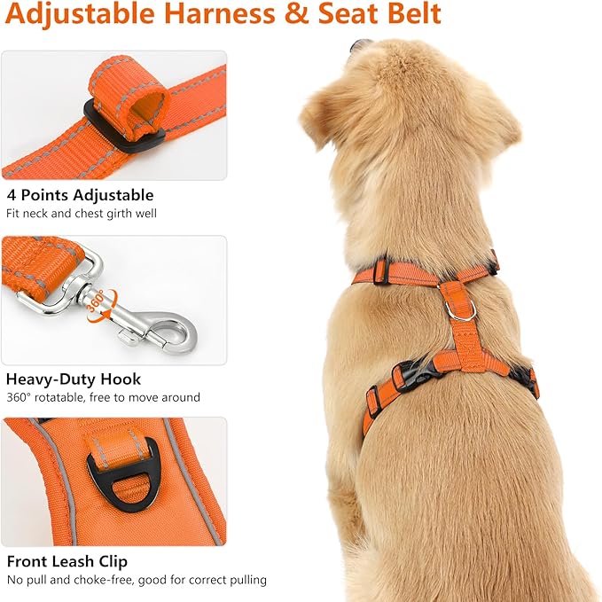 Dog Seat Belt Harness for Car, Dog Car Harness Adjustable Mesh Breathable & Dogs Seatbelt Safety Tether with Elastic Bungee for Small Medium Large Pets(Orange, L)-PurrikoPets
