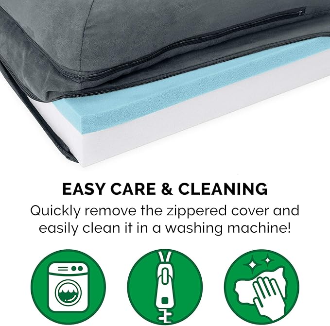 Furhaven Cooling Gel Dog Bed for Medium/Small Dogs w/ Removable Bolsters & Washable Cover, For Dogs Up to 35 lbs - Two-Tone Plush Faux Fur & Suede L Shaped Chaise - Stone Gray, Medium-PurrikoPets