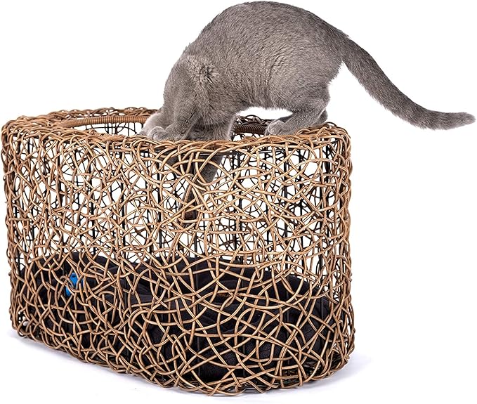Fun Stackable Cat Condo for Indoor Cats - Interactive Play Faux Rattan Cat House for Indoor Cats Kitty, Pet Friendly Top/Side House Entry, Cat Bed Enclosed-PurrikoPets