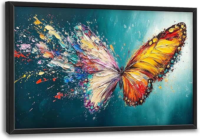 Extra Large Framed Abstract Butterfly Wall Art,Colorful Graffiti Wall Decor,Splashing Wings Pictures for Living Room,Canvas Print Painting Modern Artwork Bedroom Office Bathroom Home Decor 36L x24W-PurrikoPets