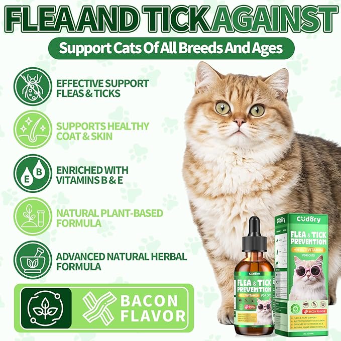 Flea & Tick Support for Cats – Natural Herbal Drops with Multivitamin – Fleas and Ticks Comfort Formula for Cat All Breeds & Ages – Bacon Flavor-PurrikoPets