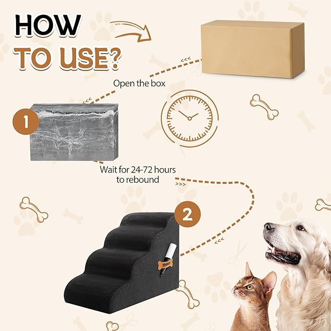 Dog Stairs, Romrol Dog Steps Ramp for High Bed and Couch, Dogs Ramp with Durable Non-Slip Waterproof Fabric Cover, Pet Stairs for Small Dogs and Cats or Pets Joints, 4-TiersBlack-PurrikoPets