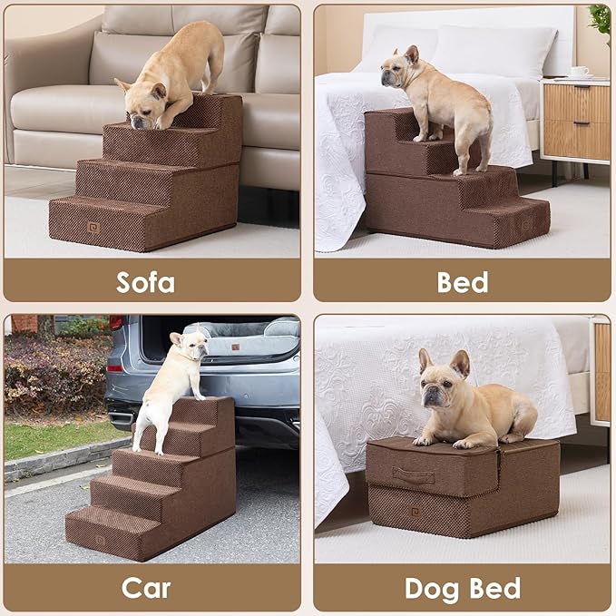 EHEYCIGA Dog Stairs for High Bed 22.5" H, 5-Step Dog Steps for Bed, Pet Steps for Small Dogs and Cats, Non-Slip Balanced Pet Ramp Indoor, Brown-PurrikoPets