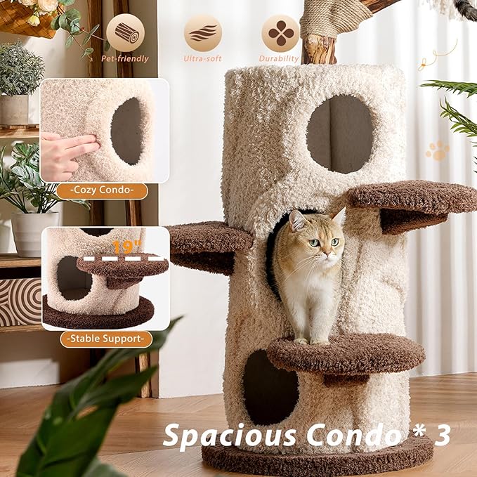 54.7'' Modern Cat Tree for Indoor Cats Large Adult, Wood Cat Tree with 3 Spacious Condos, Luxury Cat Tower with Cozy Perch, Scratching Post, Sturdy Kitty House Furniture for Small Medium Large Cats-PurrikoPets