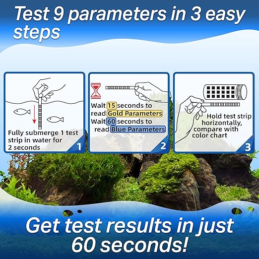 9 in 1 Aquarium Test Strips for Salt & Freshwater, Fish Tank Tester Kit for Iron, Copper, Carbonate, pH, Nitrate, Nitrite, Chlorine, Total Hardness & Alkalinity - 25 Count-PurrikoPets