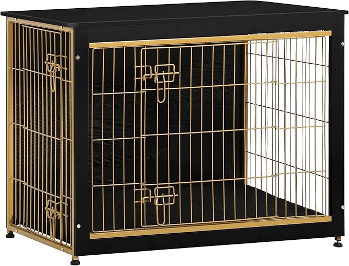 DWANTON Dog Crate Furniture with Cushion, Wooden Kennel Table with Double Doors, Indoor Dog House, Large Size, 38.5" L, Black+Gold-PurrikoPets