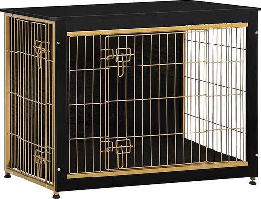 DWANTON Dog Crate Furniture with Cushion, Wooden Kennel Table with Double Doors, Indoor Dog House, Large Size, 38.5" L, Black+Gold-PurrikoPets