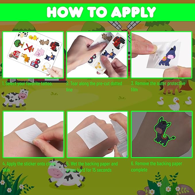 96 PCS Farm Barnyard Animal Glow In The Dark Pre-Cut Temporary Tattoos Sticker 1st First 2nd Birthday Decorations Party Favors Supplies Gift Boy Girl Farmhouse Tattoo School Reward Themed (Luminous)-PurrikoPets