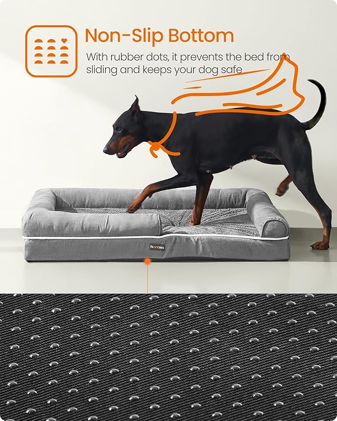 Feandrea Orthopedic Dog Bed, Large Dog Bed Waterproof, Removable Washable Cover Sofa with Non-Slip Bottom, Raised Edges, 48 x 33 x 8 Inches, Light Gray UPGW078G02V1-PurrikoPets
