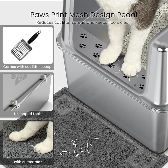 Enclosed Stainless Steel Cat Litter Box with Lid, Metal Litter Box for Big Cats, Extra Large Cat Toilet with High Side, Non-Stick, Anti-Leakage, Odorless, with Cats Litter Mat & Litter Scoop-PurrikoPets