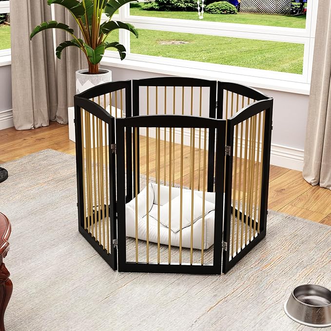 Freestanding Pet Gate for Dogs, Indoor Wooden Dog Gate for House, Extra Wide Dog gate, Foldable Dog Gate for Stair, Doorway, Hall, Support Feet Included, 120 Inch Wide, 6 Panels 32",Black&Gold-PurrikoPets