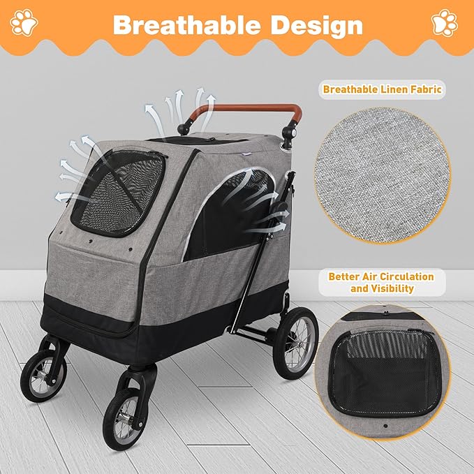 4 Wheel Pet Stroller with Storage Basket - Foldable & Breathable with Mesh Skylight, Large Dog Stroller with Adjustable Handle - Ideal for Travel and Walking with Medium to Large Dogs, Up to 120 lbs-PurrikoPets