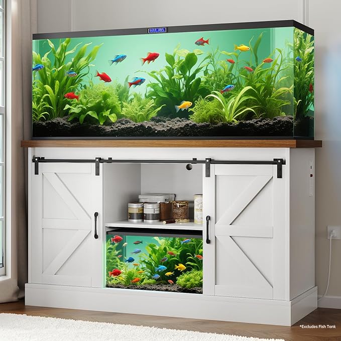 Fish Tank Stand Up to 75 Gallon, Aquarium Stand with Sliding Barn Doors & Power Outlet, White Farmhouse Style Stand with Cabinet Storage for Fish Tank, Turtle Tank, Reptile Terrarium,1000LBS Capacity-PurrikoPets