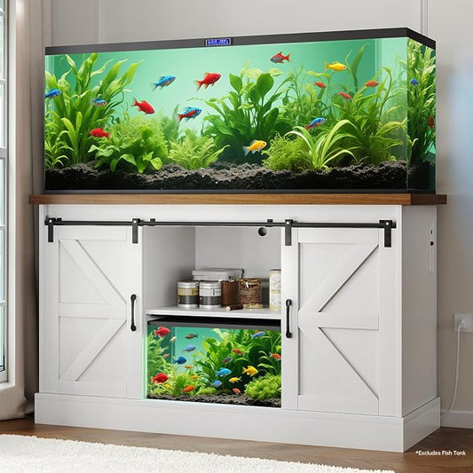 Fish Tank Stand Up to 75 Gallon, Aquarium Stand with Sliding Barn Doors & Power Outlet, White Farmhouse Style Stand with Cabinet Storage for Fish Tank, Turtle Tank, Reptile Terrarium,1000LBS Capacity-PurrikoPets
