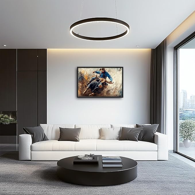 Framed Large Western Cowboy Wall Art, Oversized Rustic Cow Wall Decor for Living Room, Dusty Canvas Painting Pictures Vintage Artwork Home Decoration for Living Room Bedroom Office 36"x24"-PurrikoPets