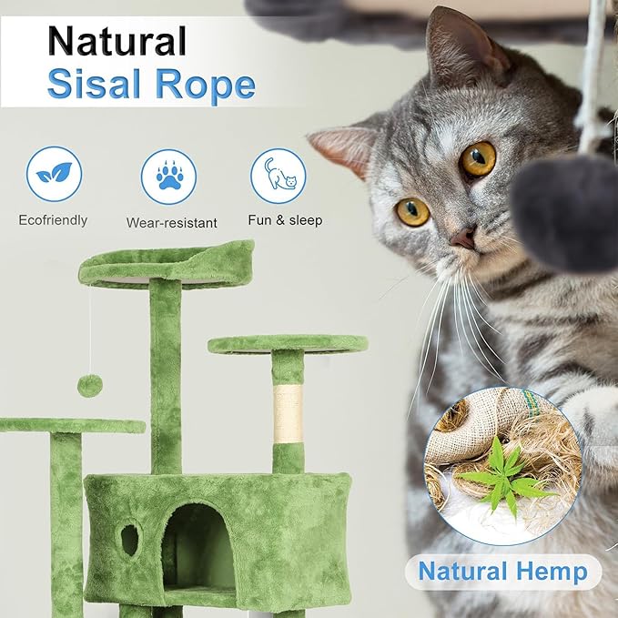 FDW Cat Tree 70in Cat Tower Multi-Level Durable Cat Scratching Post & Cozy Fun Cat Jumping Platform Space Saving Cat Condo Pet Play House for Indoor Cats,Green-PurrikoPets