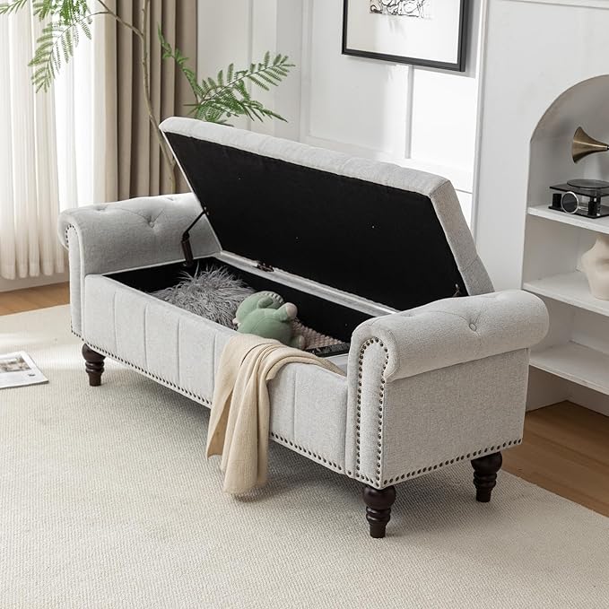 58’’ Storage Bench for Bedroom, Upholstered Button-Tufted Ottoman with Solid Wood Legs, Queen Size End of Bed Shoe Cabinet, Window Seat Foot Rest Stool for Entryway, Living Room (Silver)-PurrikoPets