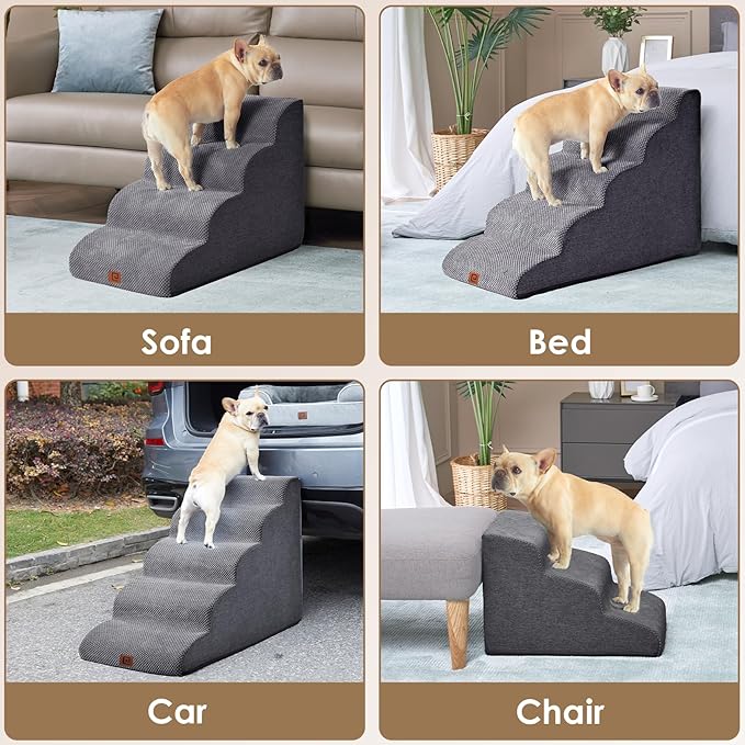 EHEYCIGA Curved Dog Stairs Ramp for High Beds 22.6" H, 5-Step Dog Steps for Small Dogs and Cats, Pet Stairs for High Bed Climbing, Non-Slip Balanced Pet Step Indoor, Grey-PurrikoPets