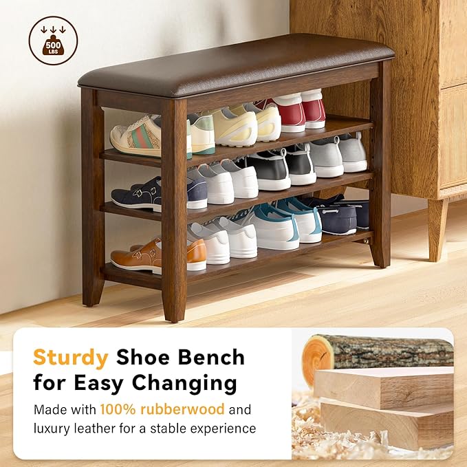 Entryway Shoe Storage Bench with Leather Cushion, Shoe Organizer Bench for Entryway, Ideal for Hallways Front Doors Entrances Mudrooms Featuring Rubberwood And 3 Height-Adjustable and Removable Shelve-PurrikoPets