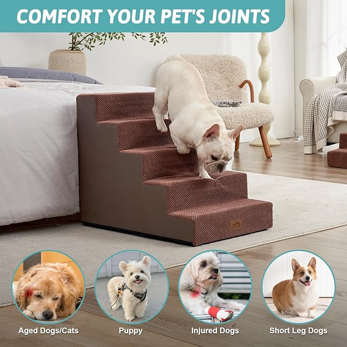 Dog Stairs for Small Dogs, 5 Tier Wider Pet Stairs for High Beds, 23.6" H Non-Slip Dog Steps for Old Cats, Puppies, Small Medium Dogs, 29.5x19.7x23.6 inch, Brown-PurrikoPets