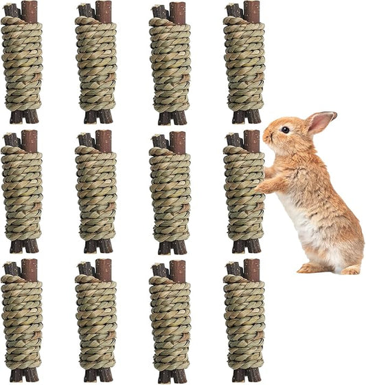 Fhiny 12 PCS Guinea Pigs Chew Toys, Natural Apple Branch Seagrass Molar Sticks for Teeth Bunny Chew Toys Cage Accessories for Guinea Pigs Rabbit Bunny Hamster Chinchilla-PurrikoPets