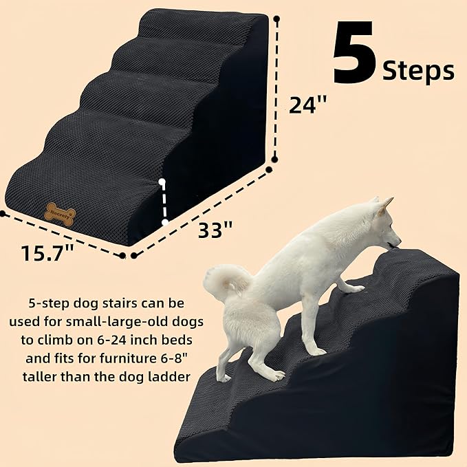 Dog Stairs & Pet Ramp for Small/Large Dogs to High Beds/Couches - 5 Steps 24-inch Height for 18-30 inch Furniture, 2 Washable Covers (Black, Grey), Non-Slip Balanced 33D Design for Old Dogs & Cats-PurrikoPets