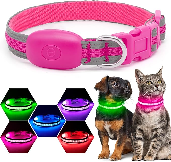 Flashseen LED Cat Collar,Light Up Dog Collar Rechargeable, Dog Lights for Night Walking, Comfortable Soft Mesh Pet Collar Adjustable for Cats Puppy and Small Dogs(Pink, XS)-PurrikoPets