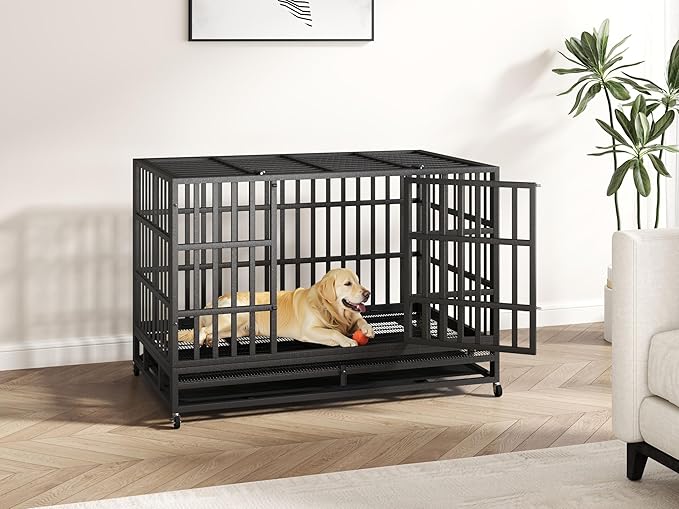 48 Inch Heavy Duty Indestructible Dog Crate Steel Escape Proof, High Anxiety Cage, Kennel with Wheels, Removable Tray, Extra Large XL XXL-PurrikoPets