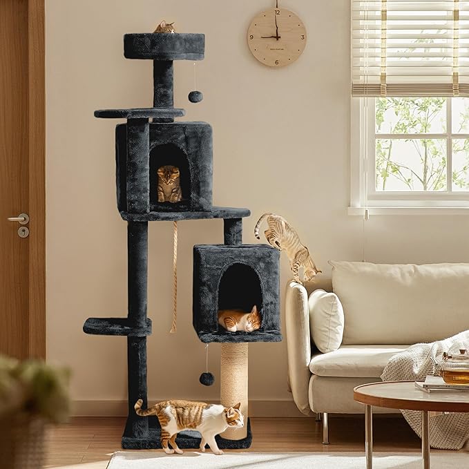59in Large Cat Tree Tower for Indoor Cats with Soft Plush Hang Ball, Two Condos, Sisal Scratch Posts & Rope Play for Kittens/Adult Cats, New Dark Grey-PurrikoPets