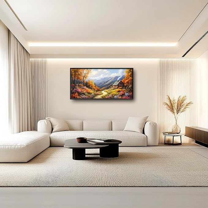 Framed Large Autumn Mountain Wall Art for Living Room, Oversized Wildflower Tree Wall Decor Nature Landscape Canvas Painting Modern Artwork Home Decoration for Living Room Bedroom 60"x30"-PurrikoPets