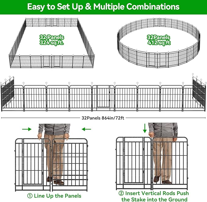 Dog Playpen Outdoor 32 Panels Heavy Duty Dog Fence 32" Height with Thick Pipe Anti-Rust with Doors Portable for RV Camping Yard, Total 71FT, 406 Sq.ft, Snowy Black-PurrikoPets
