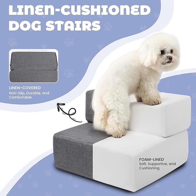 Foldable 18 Inch Wide 3 Step Wide Dog Stairs for Large Dogs, 18 Inch Height Foam Dog Steps for Bed & Couch, Linen Covered Pet Stairs for Dogs to Get on Bed, Outdoor Foam Pet Steps for for Cars & SUV-PurrikoPets
