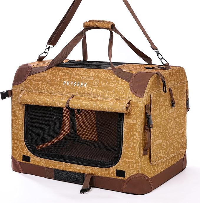 Extra Large Cat Carrier Soft Sided, Portable Small Dog Carrier for 2 Cats, 24"x16.5"x16" Car Travel Folding Comfortable Design, Yellow-PurrikoPets
