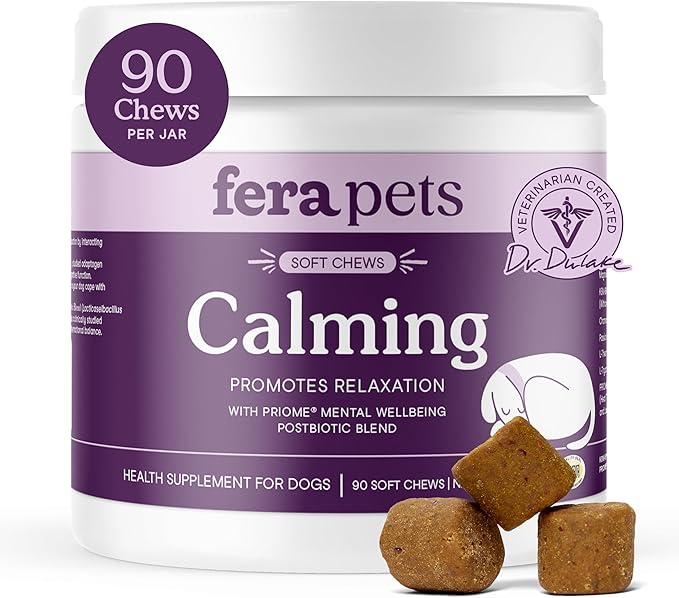 Fera Pets Dog Calming Chews with Ashwagandha & Priome® Mental Wellbeing Postbiotic Blend - Supports Anxiety Relief - Promotes Relaxation - 90 Soft Chews-PurrikoPets