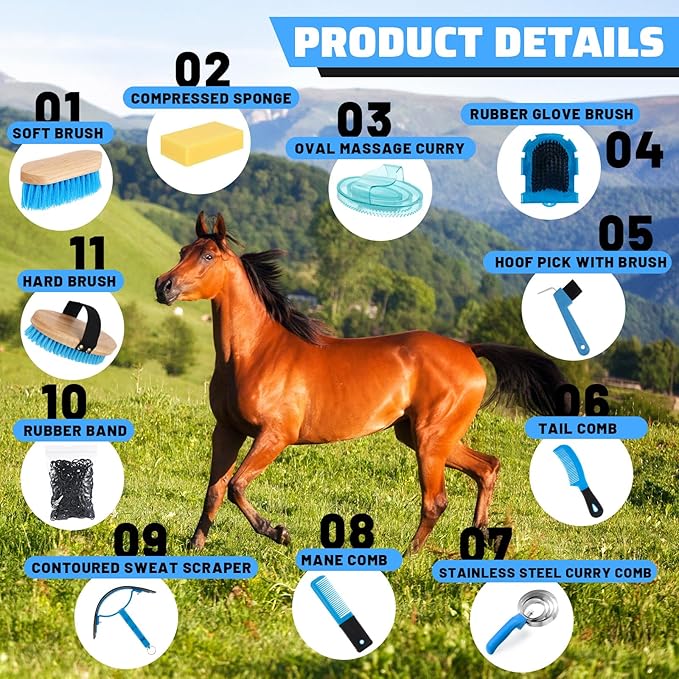 Abbylike 12 Pieces Horse Grooming Kit Racing Festival Tack Room Supplies Horse Brush Sets Equine Care Cleaning Kit Shedding Grooming Massaging Tools(Blue)-PurrikoPets