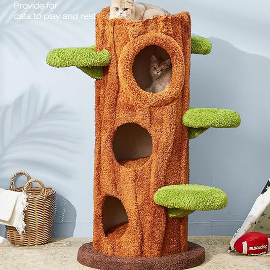 47.2'' Natural Wooden Cat Tree, Modern Cat Condo for Indoor Kitten, Multi-Level Cat Tower with Cat Perch and Scratching Pad for Multi-Cat Families-PurrikoPets