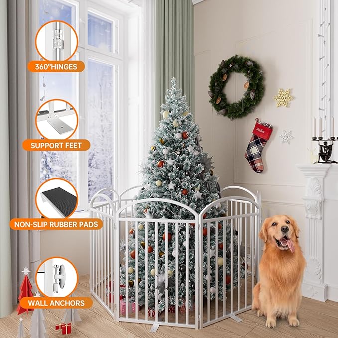 8 Panles Full Matel Freestanding Dog Gates with Door, 192"Extra Wide 32"Tall Free Standing Dog Pet Gate for Indoor & Outdoor. Foldable Pet Fences for Doorways, House, Stairs, Porch, Deck, Yard-PurrikoPets